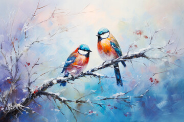 Two Colorful Birds Sitting on Winter Snowy Branch Acrylic Painting. Canvas Texture, Brush Strokes.