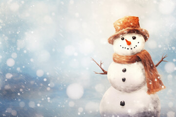 Obraz premium Illustration of Smiling Snowman on Winter Blurred Retro Landscape Background, Greeting Card with Copy Space