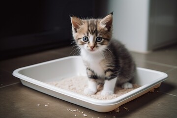 Accustoming a pet kitten or cat to a toilet tray