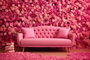 Vibrant, romantic wall covered in roses and beautiful, pink floral wallpaper. Generative AI