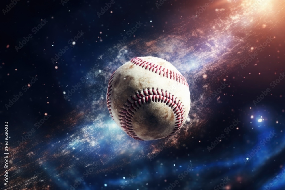 Poster a baseball flying through the air in space. this image can be used to depict concepts of imagination