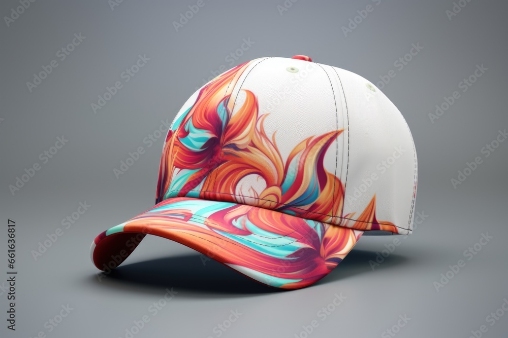 Poster a baseball cap featuring a vibrant and eye-catching design. perfect for adding a pop of color to any