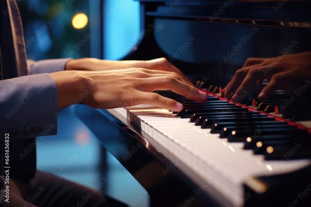Poster a close-up view of a person playing a piano.