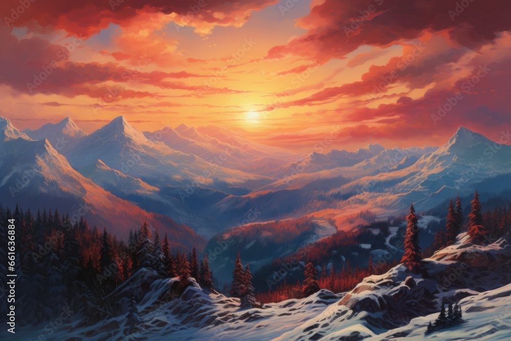 Poster a beautiful painting capturing the serene beauty of a sunset in the mountains. perfect for adding a 