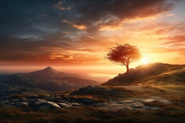 A solitary tree stands proudly atop a hill, creating a striking and serene landscape. This image can be used to evoke a sense of solitude, strength, and beauty in various projects.