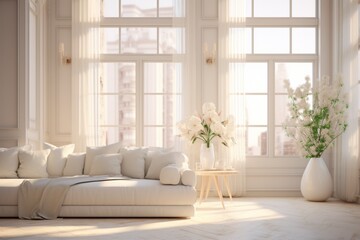 Fototapeta na wymiar A simple and elegant living room with a white couch and a beautiful vase of flowers. 