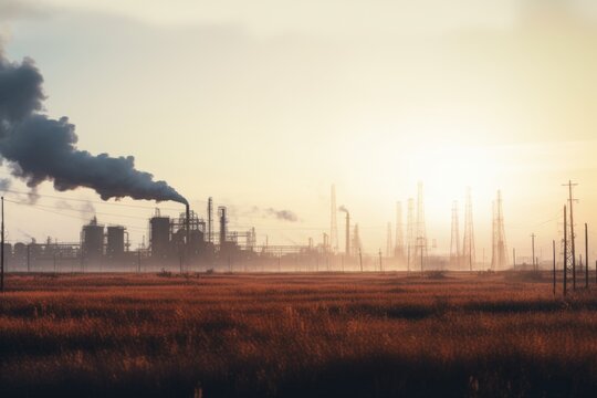 A picturesque field with a factory in the background. This image can be used to depict the coexistence of nature and industry.