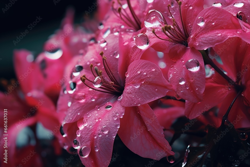 Poster a beautiful bunch of pink flowers with water droplets on them. perfect for adding a touch of nature 
