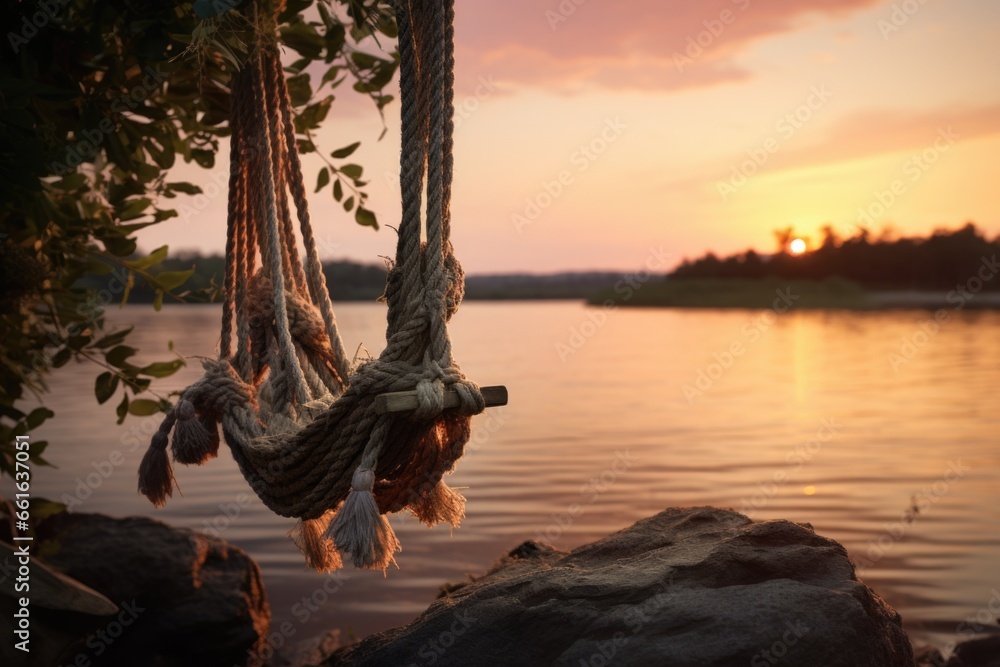 Poster a relaxing scene with a hammock hanging from a tree over a peaceful body of water. perfect for promo