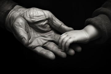 Fototapeta na wymiar A touching black and white photo capturing the hand of a person gently holding a baby's hand. Perfect for illustrating the bond between a caregiver and a child.