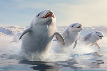 Fototapeta premium Dolphins in a group jumping out of the water. Perfect for nature enthusiasts and marine life lovers