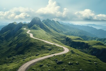 A scenic dirt road winding its way through a beautiful, vibrant green valley. Perfect for nature...
