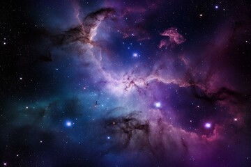 Astounding cosmic display: far-off galaxies and radiant nebulae blend harmoniously in vivid shades of blue and purple. Generative AI