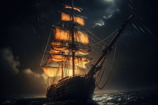 A majestic tall ship sails gracefully across the dark, moonlit ocean. This captivating image can be used to depict adventure, exploration, or the beauty of the sea