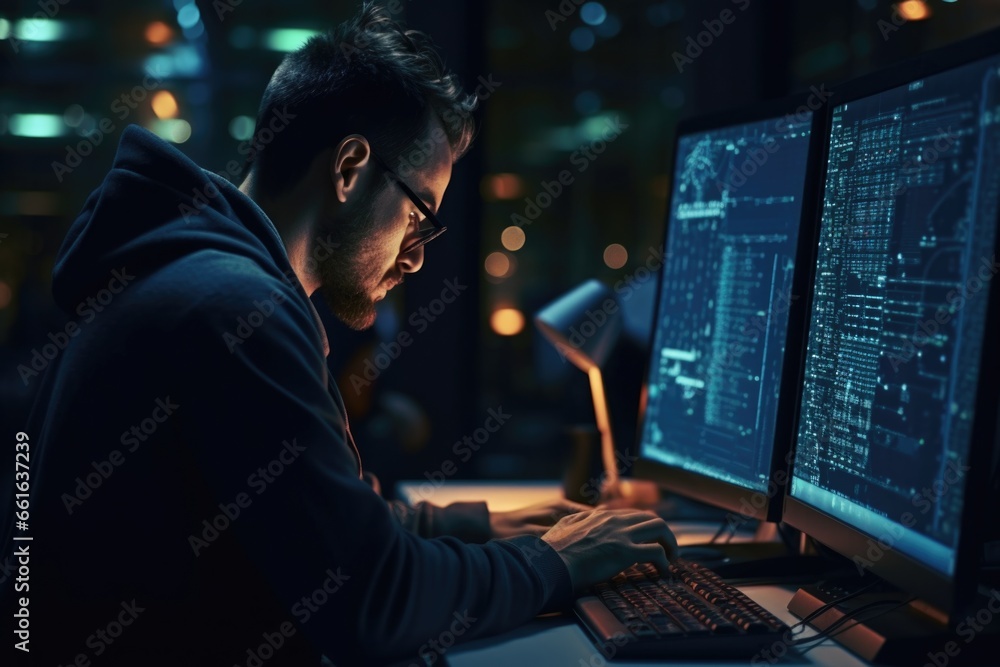 Poster a man wearing a hoodie is focused on typing on a computer.