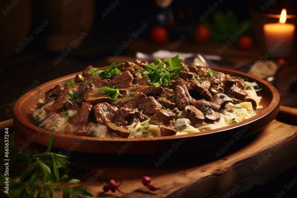Poster a plate of food with a lit candle on a table. this image can be used to create a warm and cozy atmos