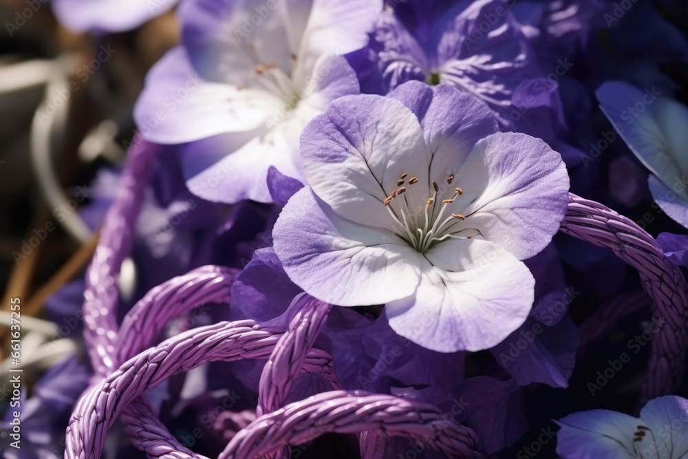 Poster A beautiful arrangement of purple and white flowers in a basket. Perfect for adding a touch of elegance to any space