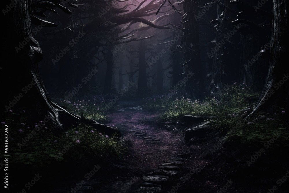 Poster a path through a dark forest illuminated by moonlight. this eerie scene can be used to create a myst