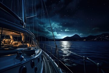 A sailboat gracefully sails across the dark ocean at night. Perfect for travel brochures or adventure-themed projects - obrazy, fototapety, plakaty