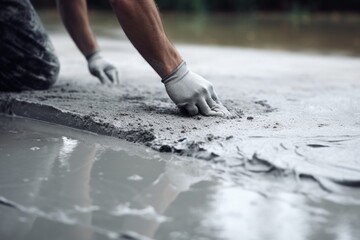 A man is seen applying cement on the ground. This image can be used to showcase construction work or as a representation of manual labor
