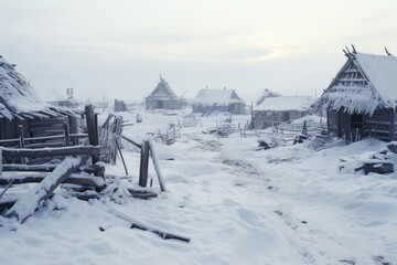 A picturesque snow-covered village nestled in the heart of winter. Perfect for winter-themed projects and holiday designs