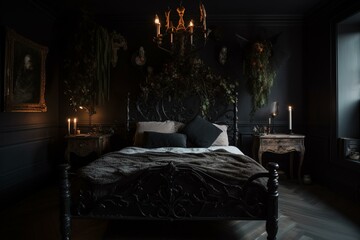 A dark and moody bedroom with elements of gothic style. Generative AI