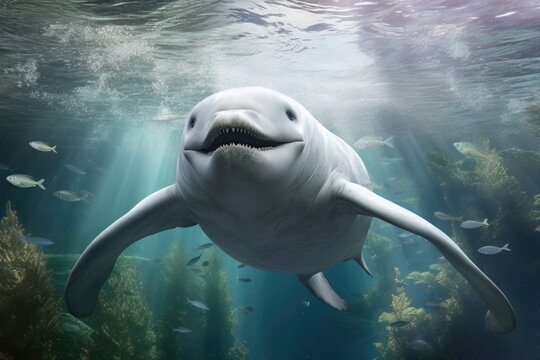 A picture of a white dolphin swimming in the ocean with its mouth open.