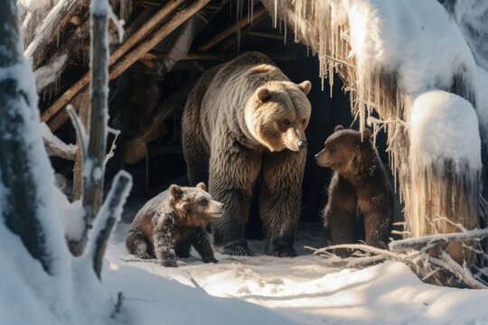 A picture of a bear and two cubs inside a snowy cave. This image can be used to depict wildlife, family bonding, or hibernation