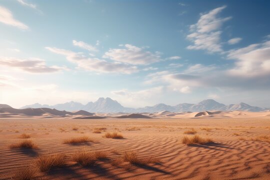 A picturesque desert scene featuring mountains in the distance. This image can be used to portray the vastness and beauty of nature