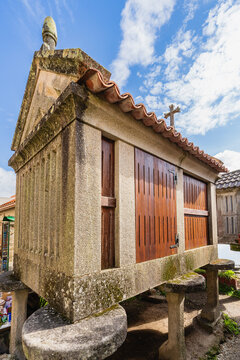 Typical horreos in the beautiful fishing village of Combarro, in Pontevedra, Galicia