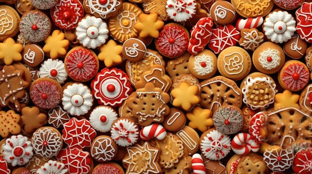 Background with many colorful Christmas cookies