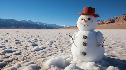 solitary snowman in the middle of the desert 