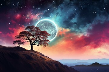 Silhouette of tree and hill against a space background with colorful nebula and two planets. Generative AI