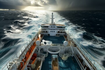 Aerial view of cruise ship deck during storm in Nordic sea. Generative AI - obrazy, fototapety, plakaty