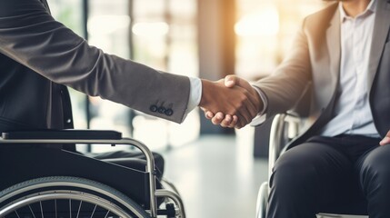 Obraz premium Business meeting in a co-working space. A man in a wheelchair shaking hands. Integration of people with disabilities.