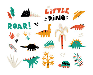 Vector illustration with cute little dinosaur design elements isolated on white background.
Icon set with dinosaurs, plants and lettering in bold colors.