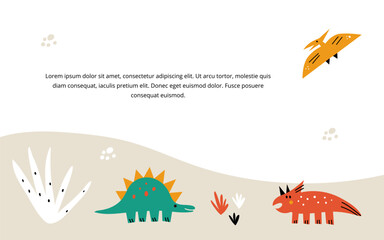 Fototapeta na wymiar Vector illustration with dinosaurs theme horizontal background. Concept with colorful animals and plants.