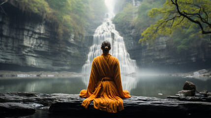 Obraz premium buddhist monk in saffron robe