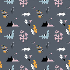 Vector seamless pattern with cute dinosaurs, mountains and plants. Modern design for fabric and paper, surface textures. Pastel colors design on grey background.