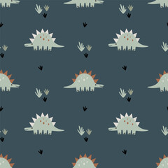 Vector seamless pattern with cute green dinosaurs. Modern design for fabric and paper, surface textures. Bold colors design on dark grey background.