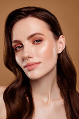 Obraz premium Portrait of aesthetic lady look in mirror enjoy pure perfect skin after peeling on pastel color background