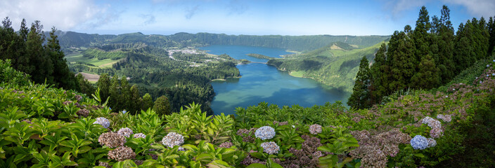 Panoramic view of Azul lake and Verde lake from Da Vista Do Rei on the island of Sao Miguel, Azore