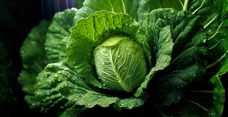 Fresh cabbage vegetables, with water drops over it, closeup macro detail banner. Generative AI