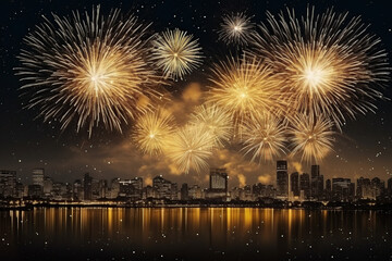 Fototapeta na wymiar pyrotechnics and fireworks in city background with city sky