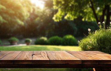 wooden floor in the garden with green nature background