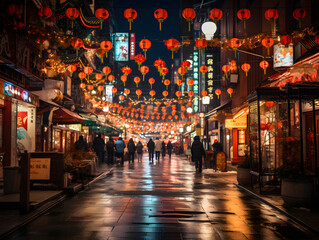 Fototapeta premium Capturing the Enchanting Ambiance of a Traditional Chinese New Year Street Celebration