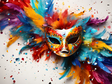 Vibrant Carnival Mask: A festive and colorful carnival mask on a white backdrop, surrounded by scattered confetti. Celebrate the spirit of Carnival with this lively composition