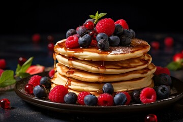 Pancakes topped with berries and maple syrup on a dark background. Generative AI