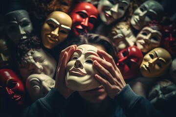 Fake emotion, play a role concept. Character holds masks our face with different emotions. Choice of moods, hiding behind a false mask. Defense and playing to the audience. Psychology. - obrazy, fototapety, plakaty