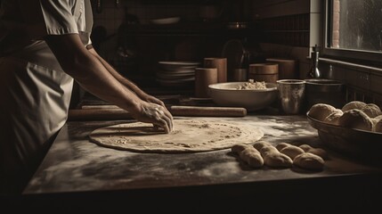 Fototapeta na wymiar Baker's hands knead the dough on the kitchen background. Low key.